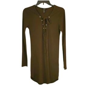 Forever 21 Olive Lace Up Ribbed Mini Dress, Size Medium